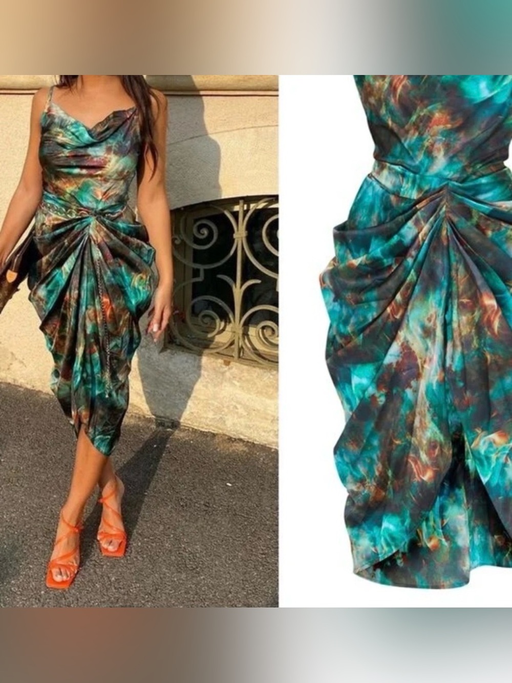 PrettyLittleThing Teal & Copper Marble Draped Midi Dress